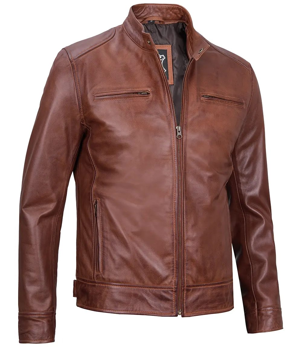 Dodge Men's Cognac Cafe Racer Leather Jacket