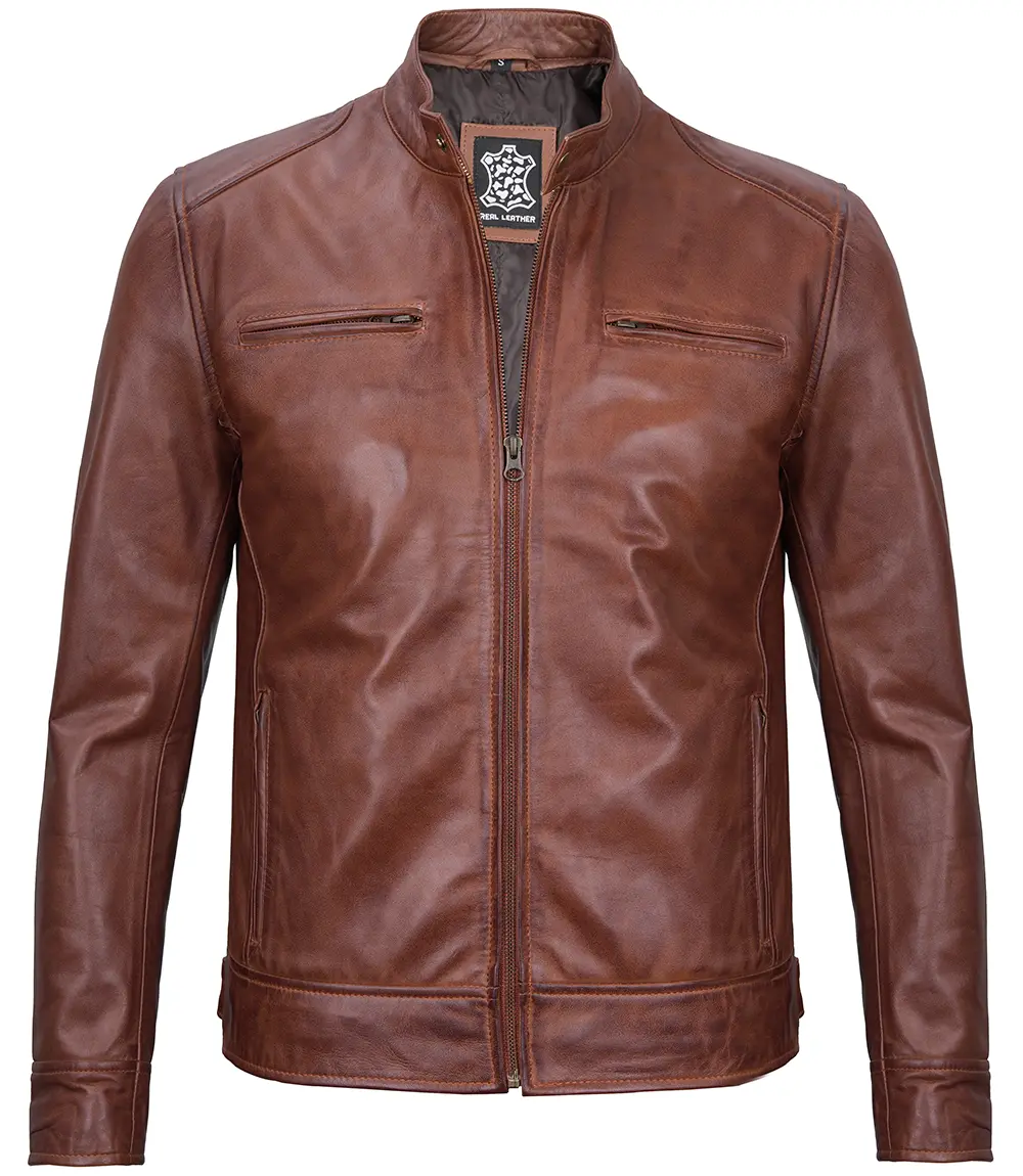 Dodge Men's Cognac Cafe Racer Leather Jacket