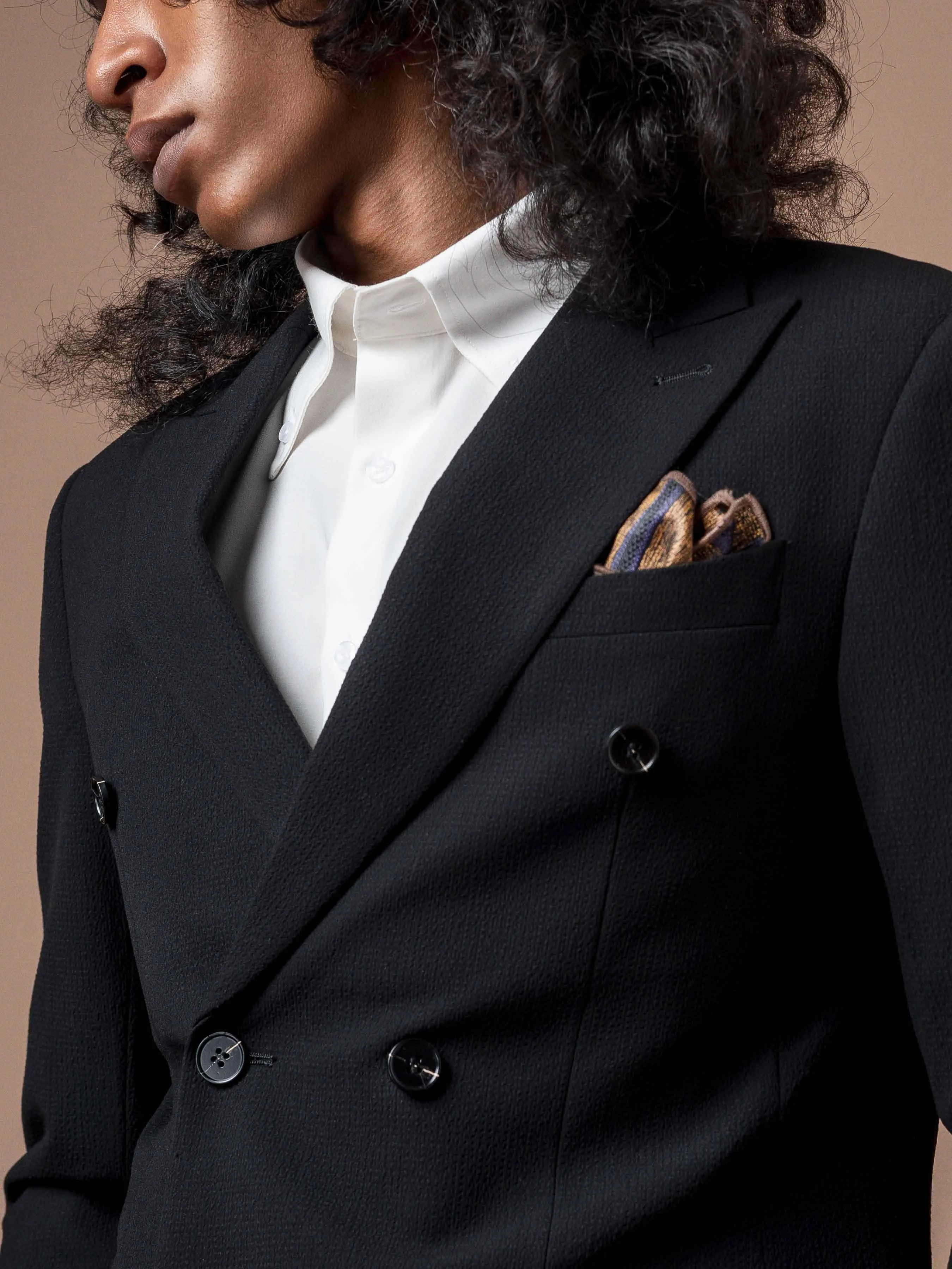 Double Breasted Suit Blazer - Seersucker Black Plain (Peak Lapel)