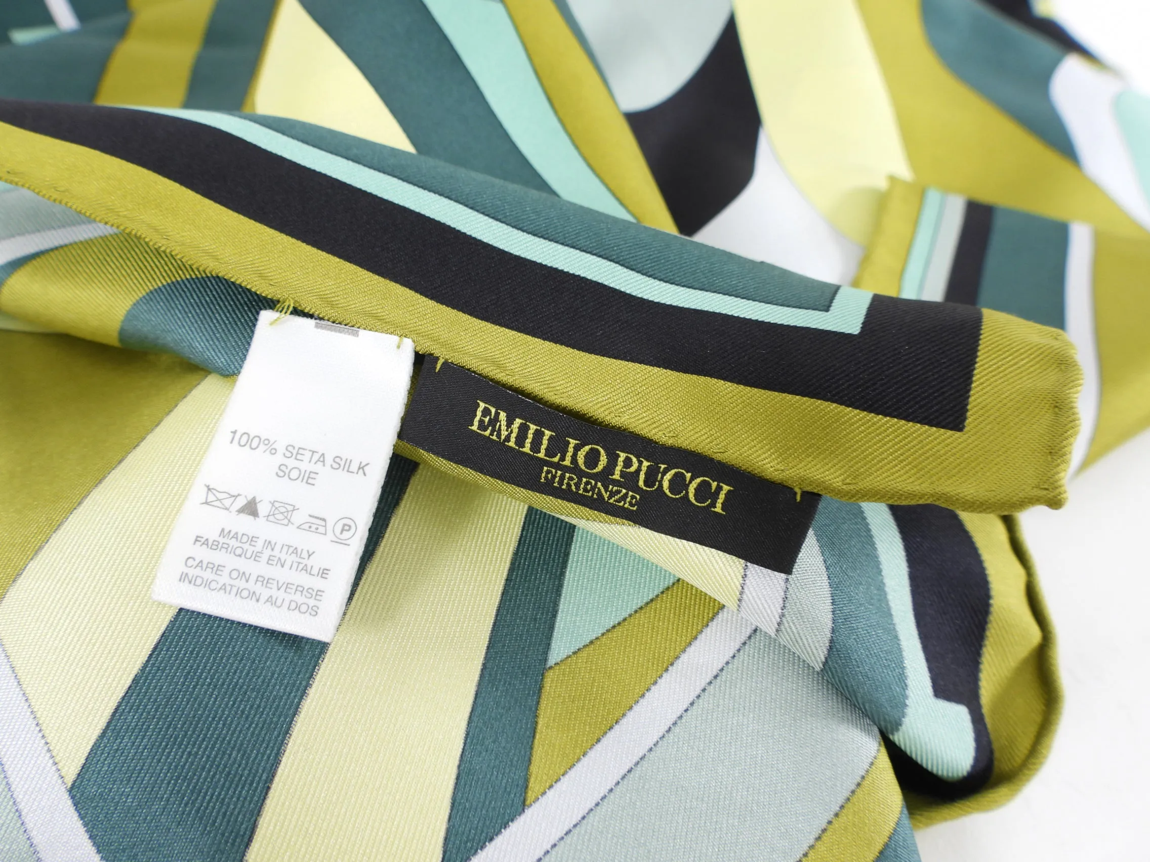 Emilio Pucci Green Black Silk Twill Square 90cm Scarf, Shop Now