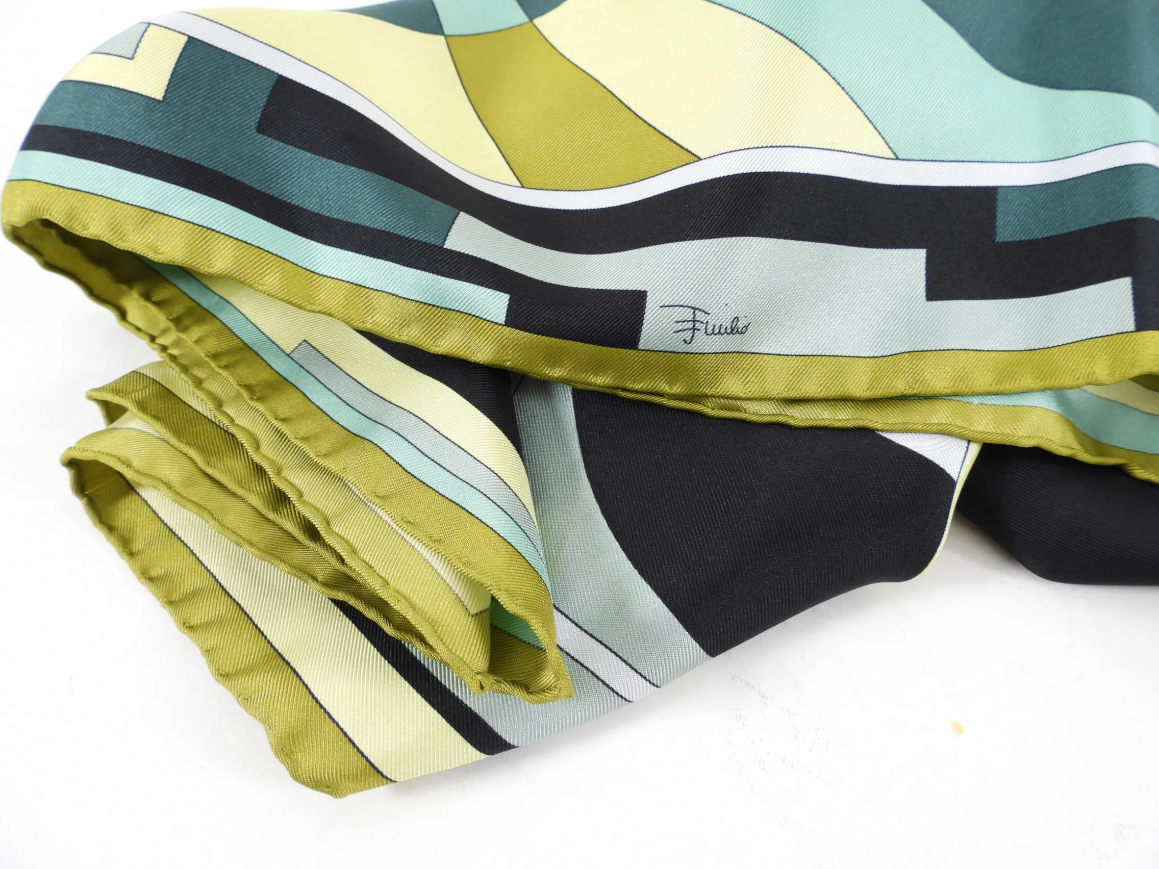 Emilio Pucci Green Black Silk Twill Square 90cm Scarf, Shop Now