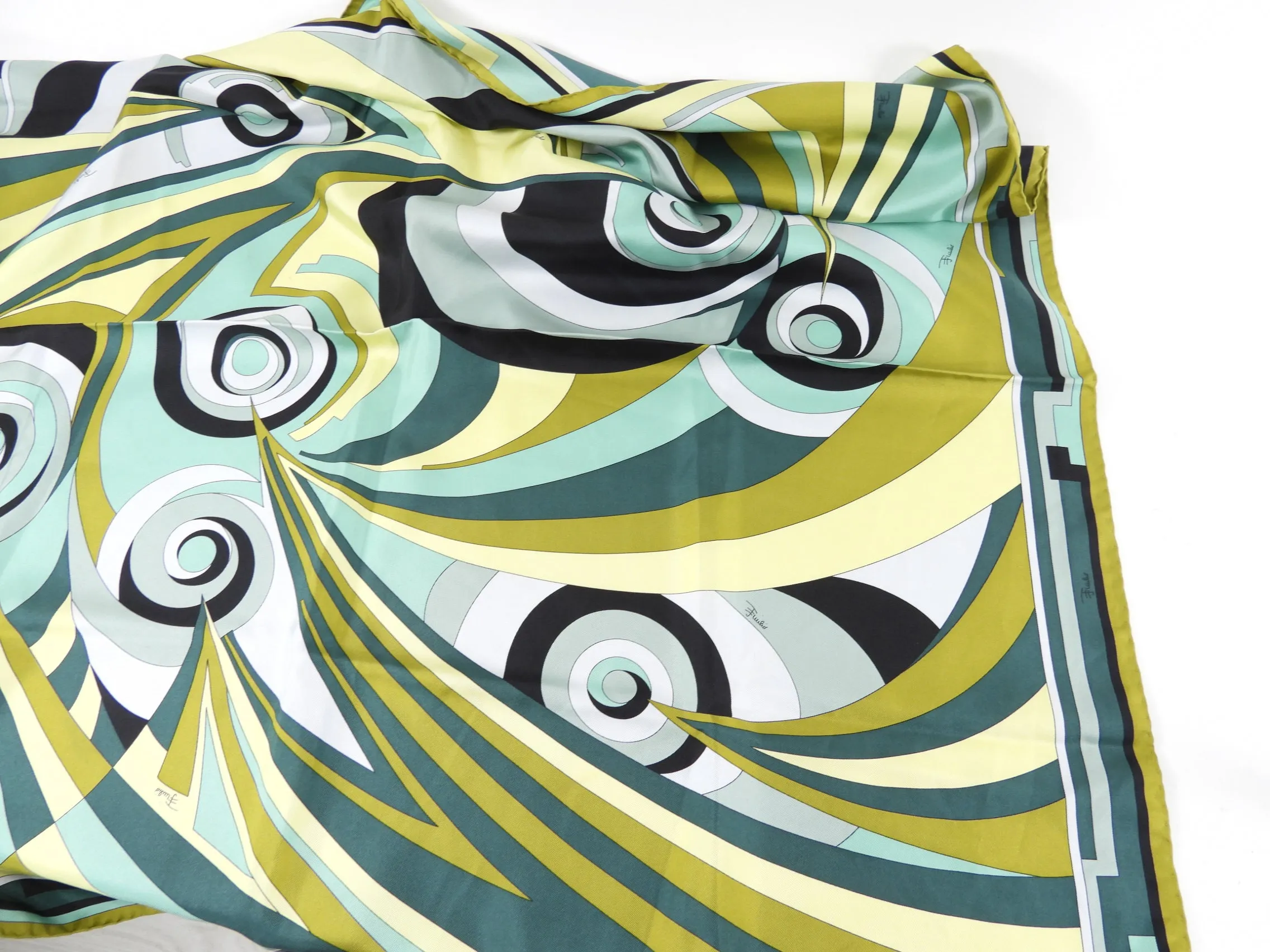 Emilio Pucci Green Black Silk Twill Square 90cm Scarf, Shop Now