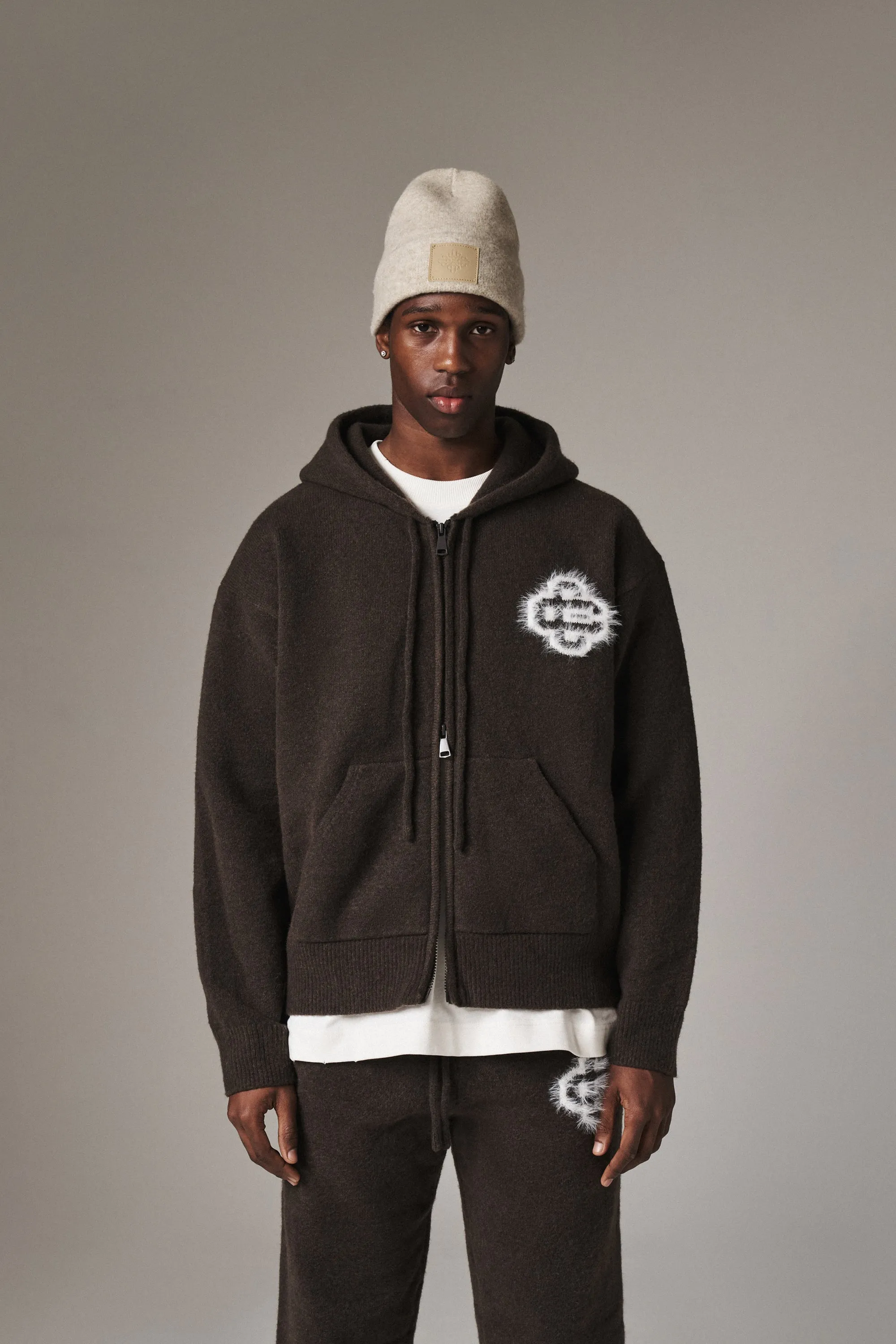 FLUFFY EMBLEM ZIP THROUGH KNITTED HOODIE - BROWN