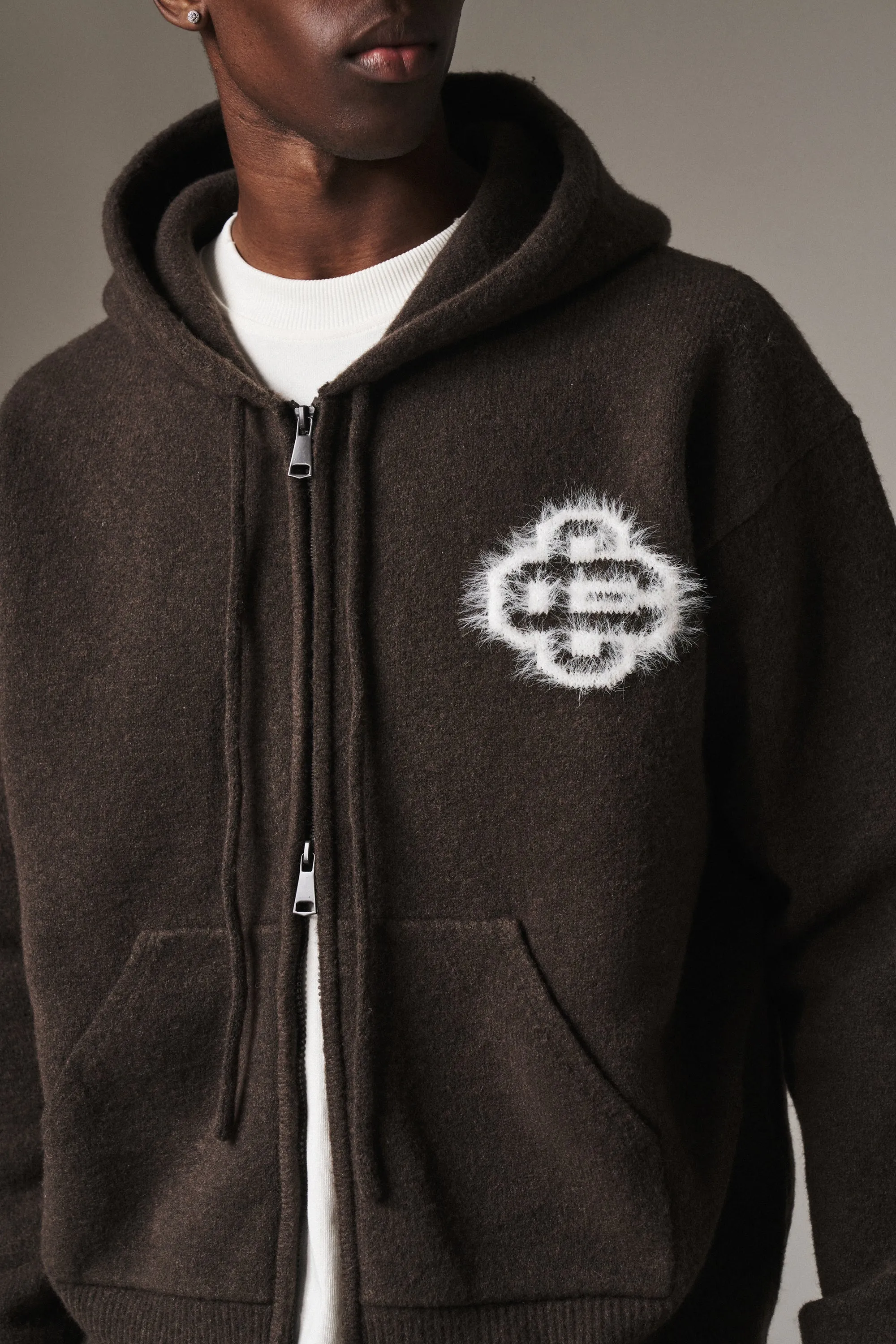 FLUFFY EMBLEM ZIP THROUGH KNITTED HOODIE - BROWN