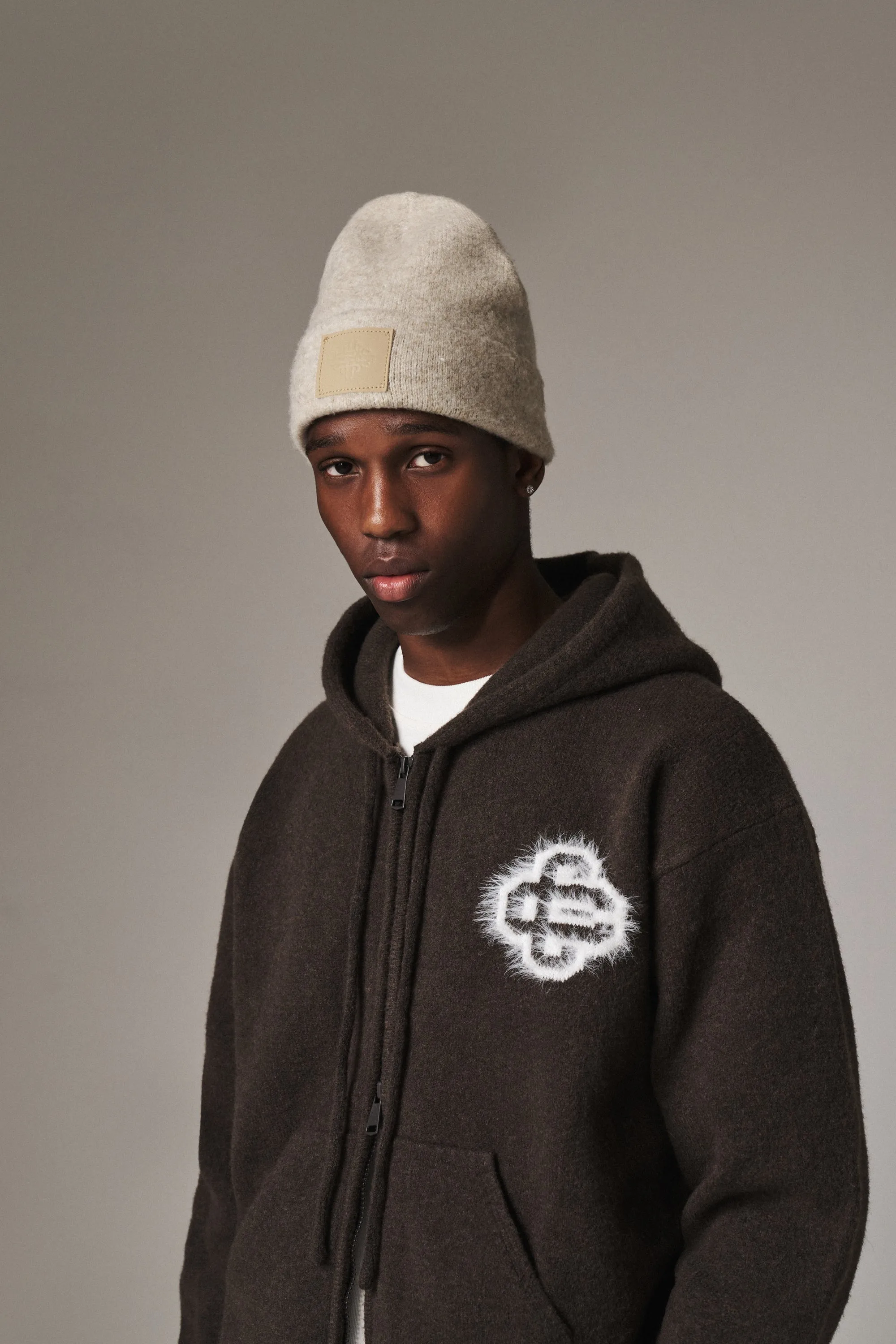 FLUFFY EMBLEM ZIP THROUGH KNITTED HOODIE - BROWN