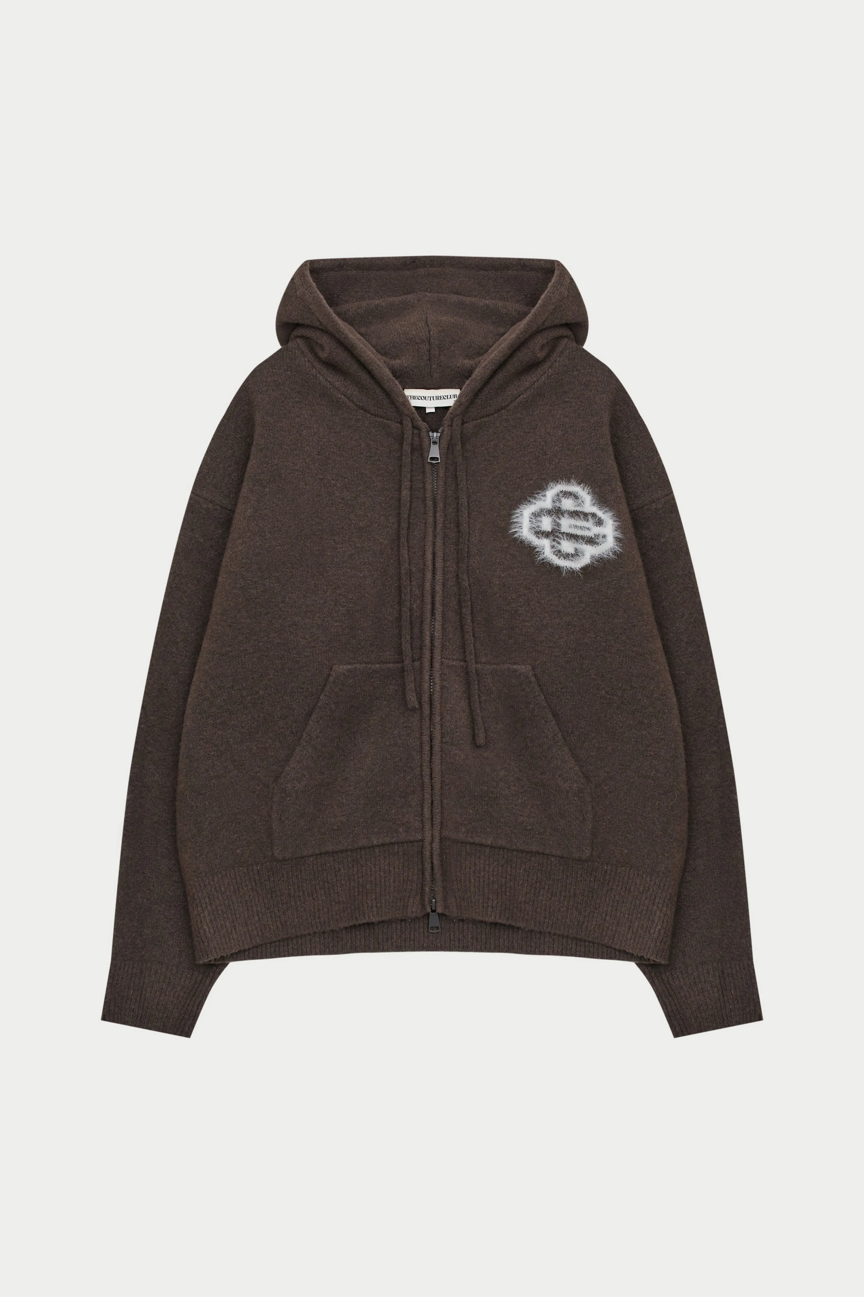 FLUFFY EMBLEM ZIP THROUGH KNITTED HOODIE - BROWN