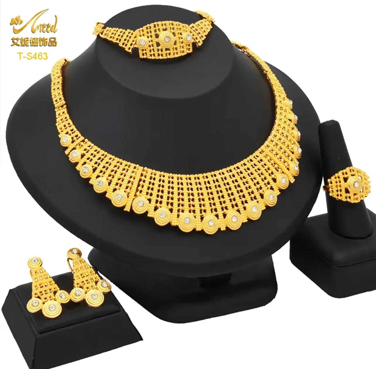 Gold Wedding Jewelry Set | Dubai Earrings for Women | Bridal Necklace, Ring, Bracelet