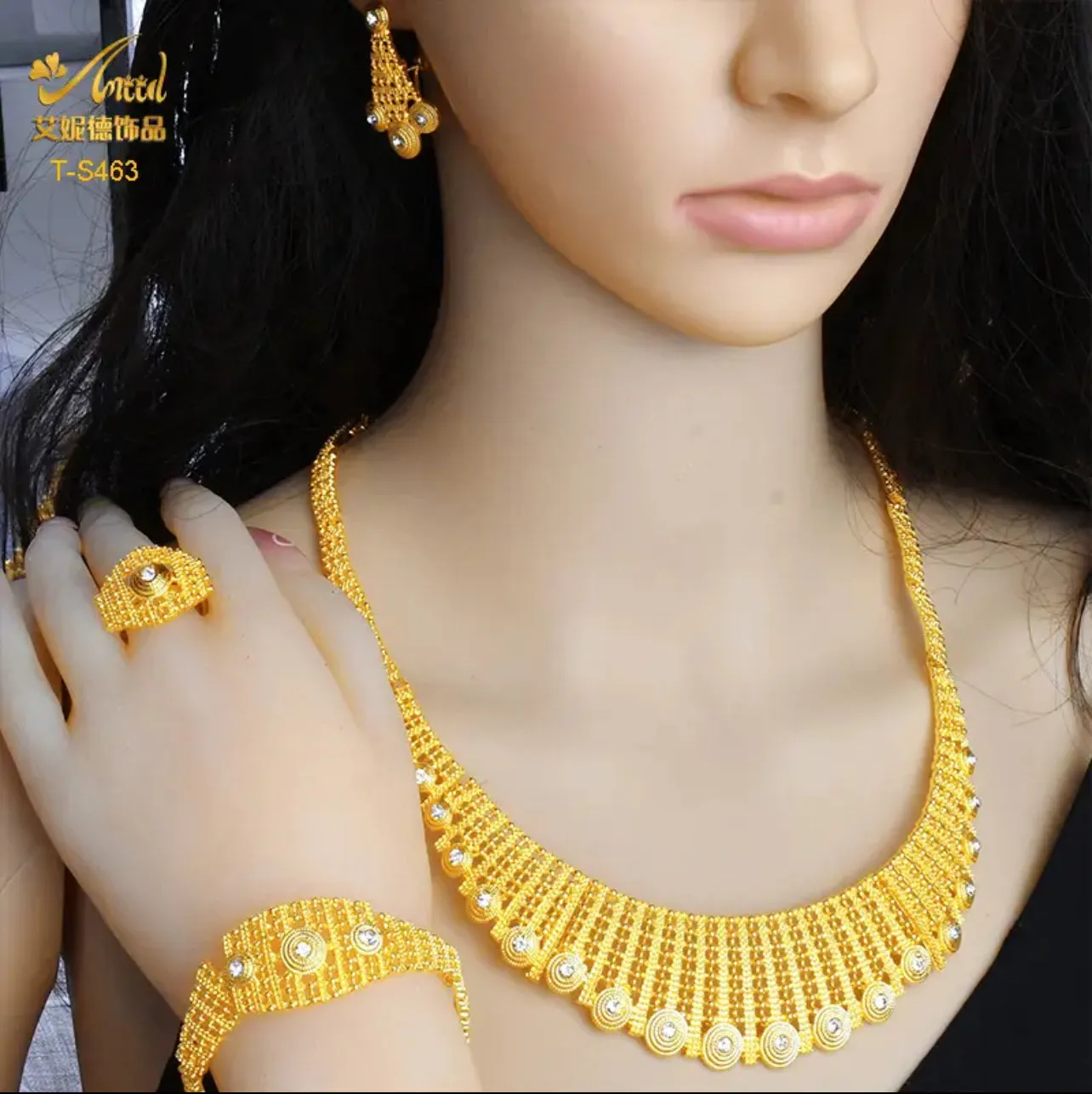 Gold Wedding Jewelry Set | Dubai Earrings for Women | Bridal Necklace, Ring, Bracelet