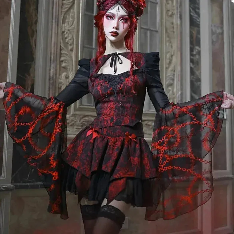 Gothic Hollow Out Sleeved Blouse and Mini Skirt Set for Women