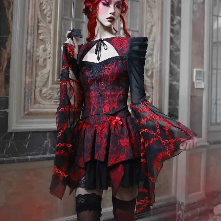 Gothic Hollow Out Sleeved Blouse and Mini Skirt Set for Women