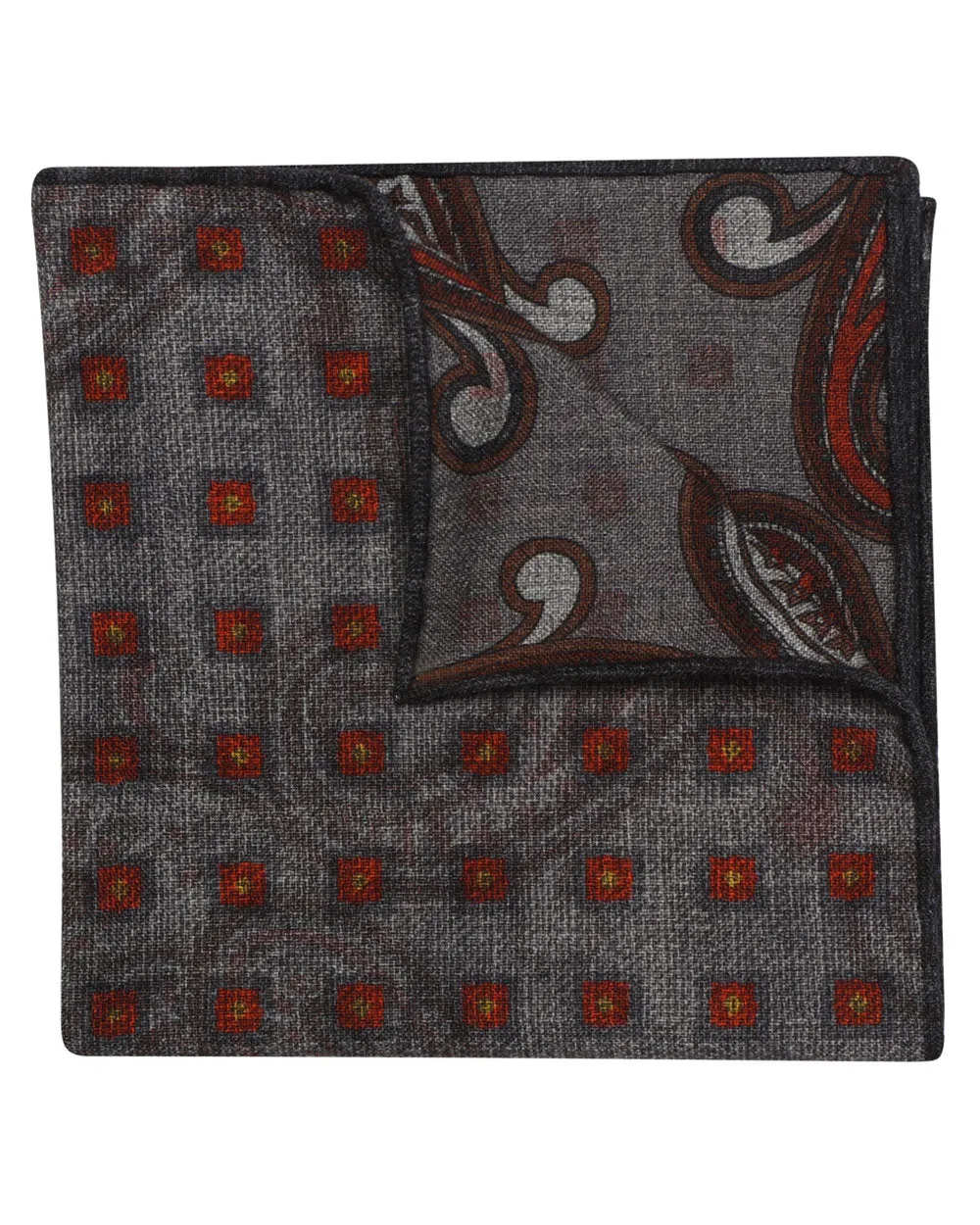 Grey and Rust Paisley Wool Pocket Square