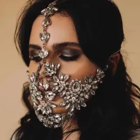 Handcrafted rhinestone half jewel ball mask for women - Crystal face accessory with makeup chain mask