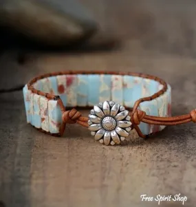 Handmade Blue Shoushan Stone Leather Wrap Bracelet