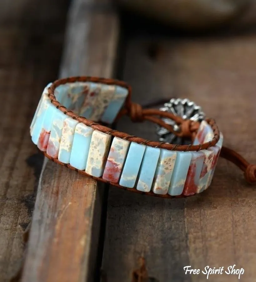 Handmade Blue Shoushan Stone Leather Wrap Bracelet