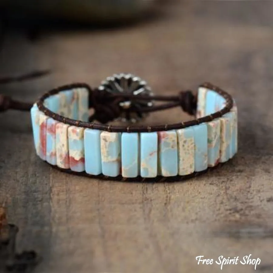 Handmade Blue Shoushan Stone Leather Wrap Bracelet