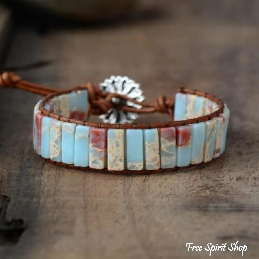 Handmade Blue Shoushan Stone Leather Wrap Bracelet