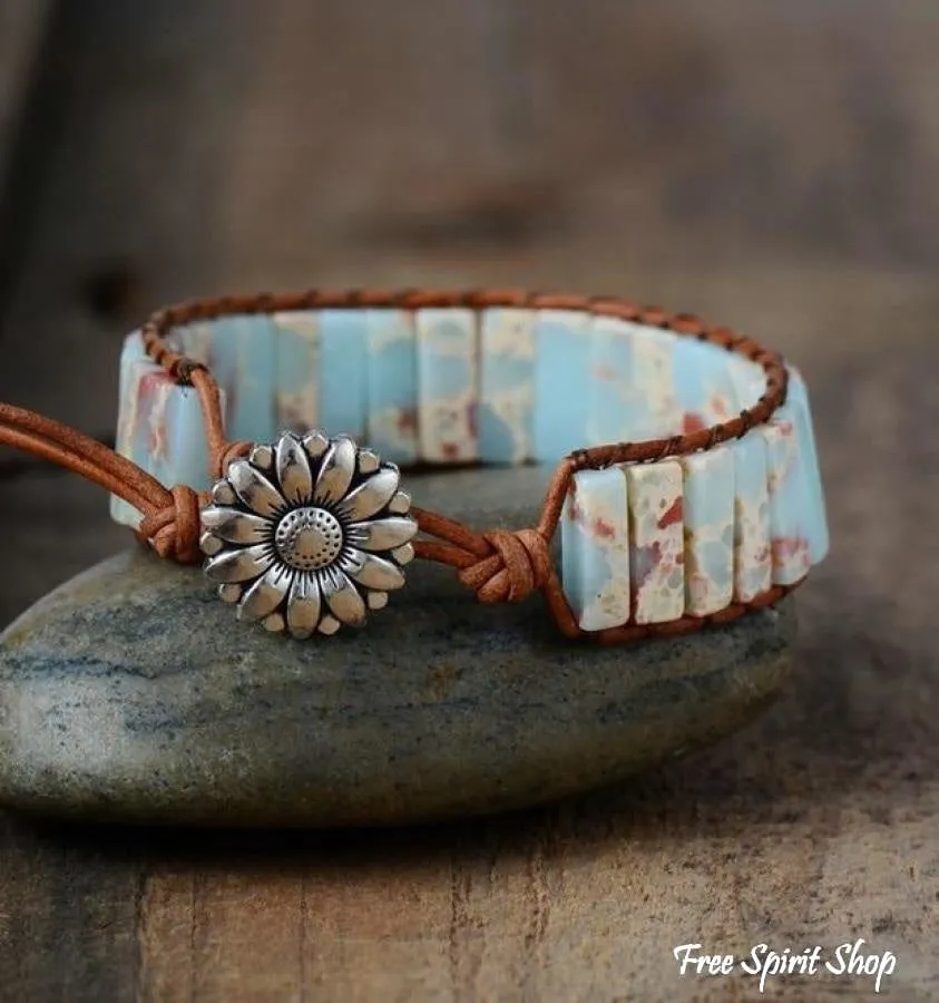 Handmade Blue Shoushan Stone Leather Wrap Bracelet