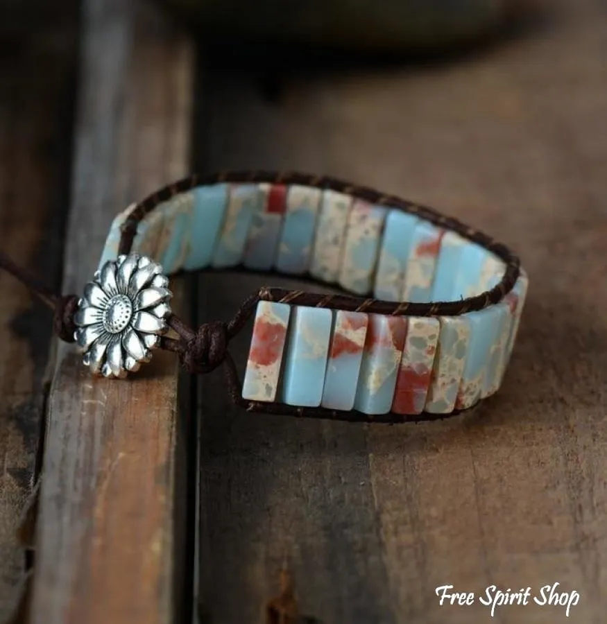 Handmade Blue Shoushan Stone Leather Wrap Bracelet