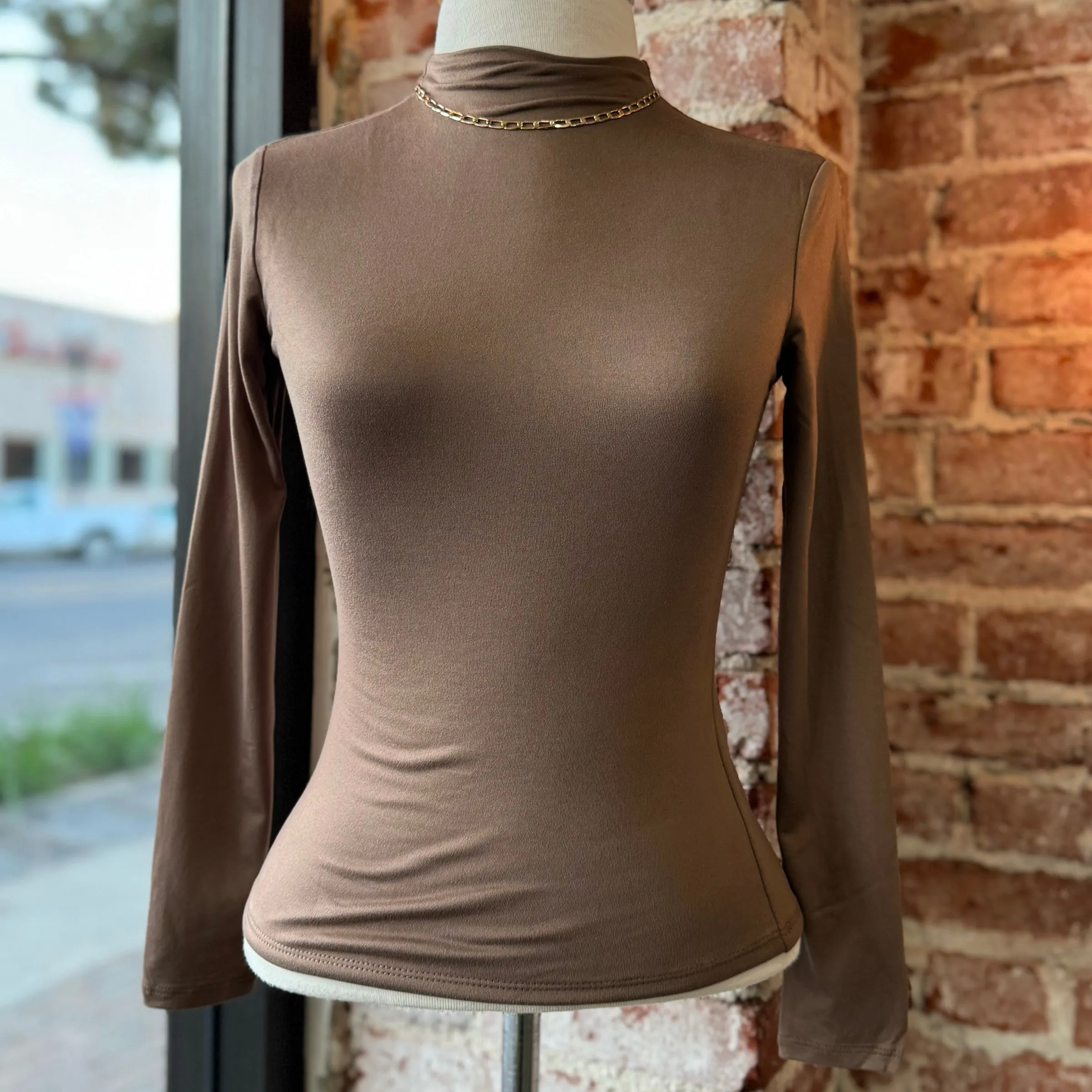 Here We Go Mocha Mock Neck Top