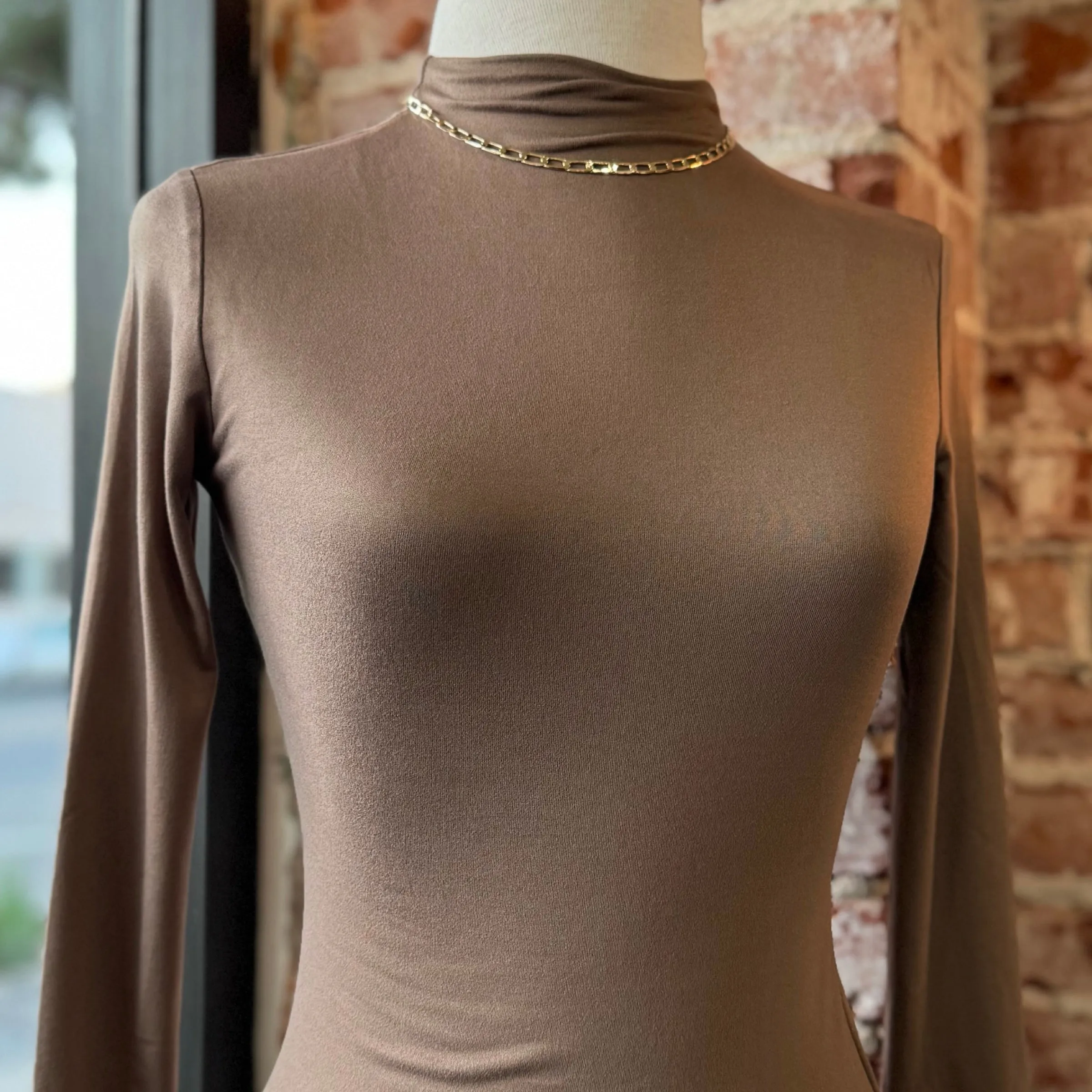 Here We Go Mocha Mock Neck Top