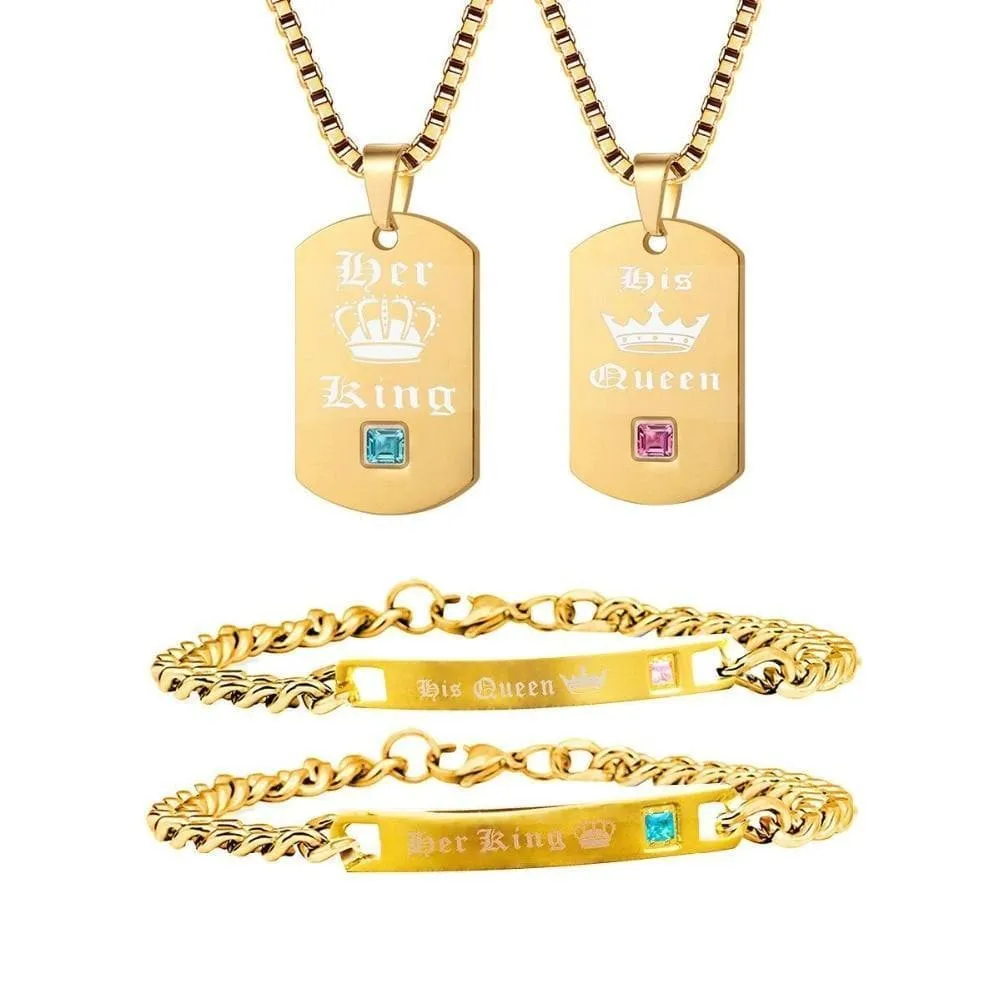 His Queen Her King Couples Necklaces and Bracelets - Matching Jewelry for Couples