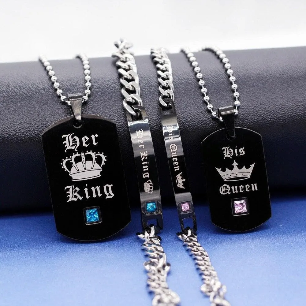 His Queen Her King Couples Necklaces and Bracelets - Matching Jewelry for Couples