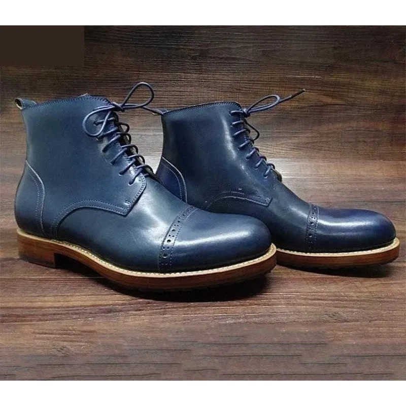 Italian Handmade Dark Blue Ankle Boots, Men's Welted Laceup Round Toe