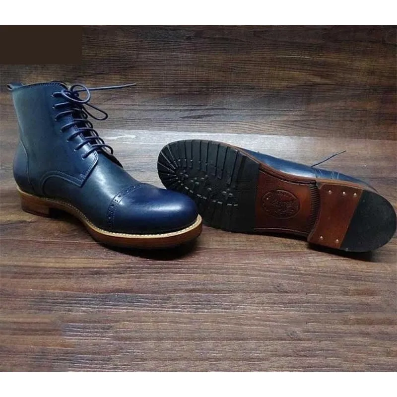 Italian Handmade Dark Blue Ankle Boots, Men's Welted Laceup Round Toe