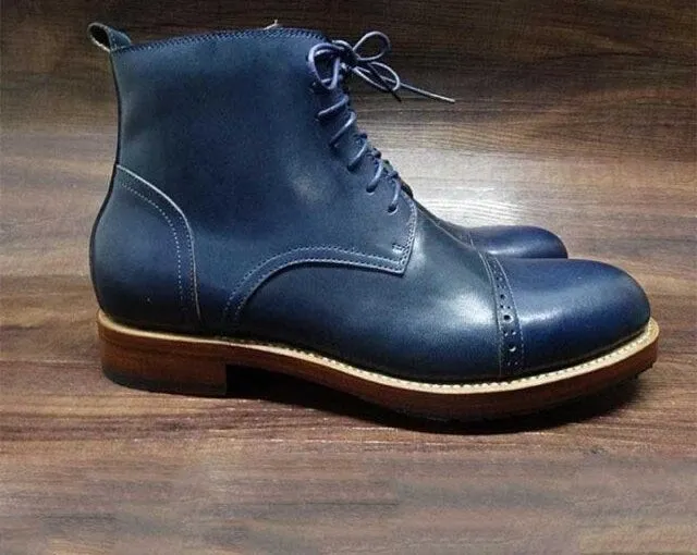 Italian Handmade Dark Blue Ankle Boots, Men's Welted Laceup Round Toe