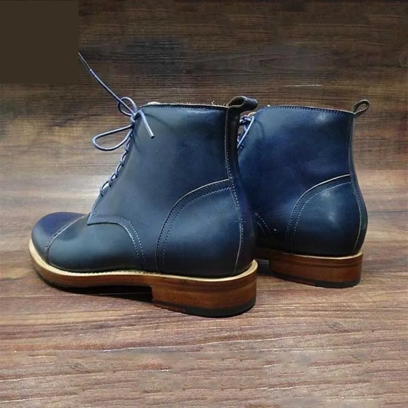 Italian Handmade Dark Blue Ankle Boots, Men's Welted Laceup Round Toe