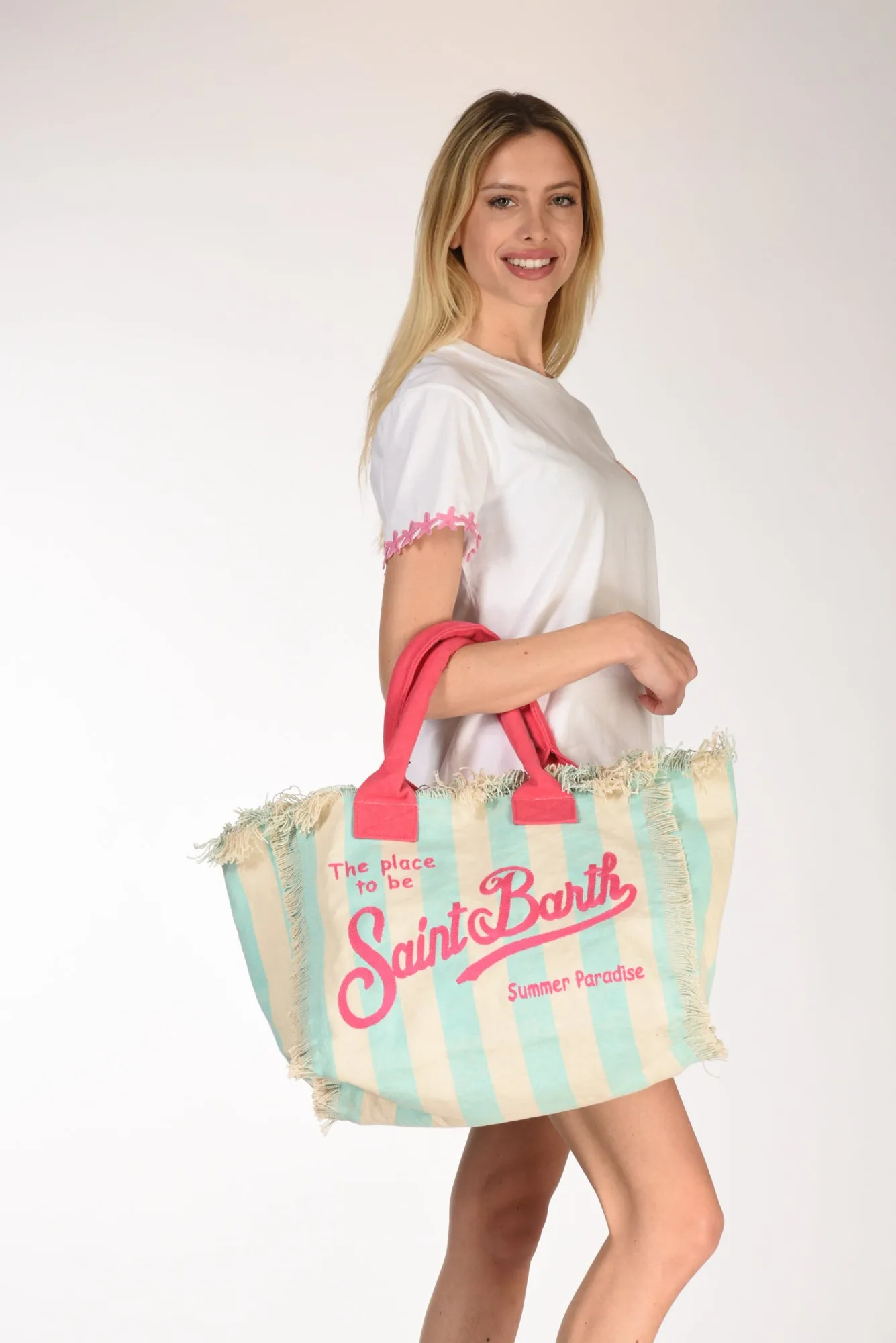 Mc2 Saint Barth Borsa Canvas Azzurro/fucsia/bianco Donna