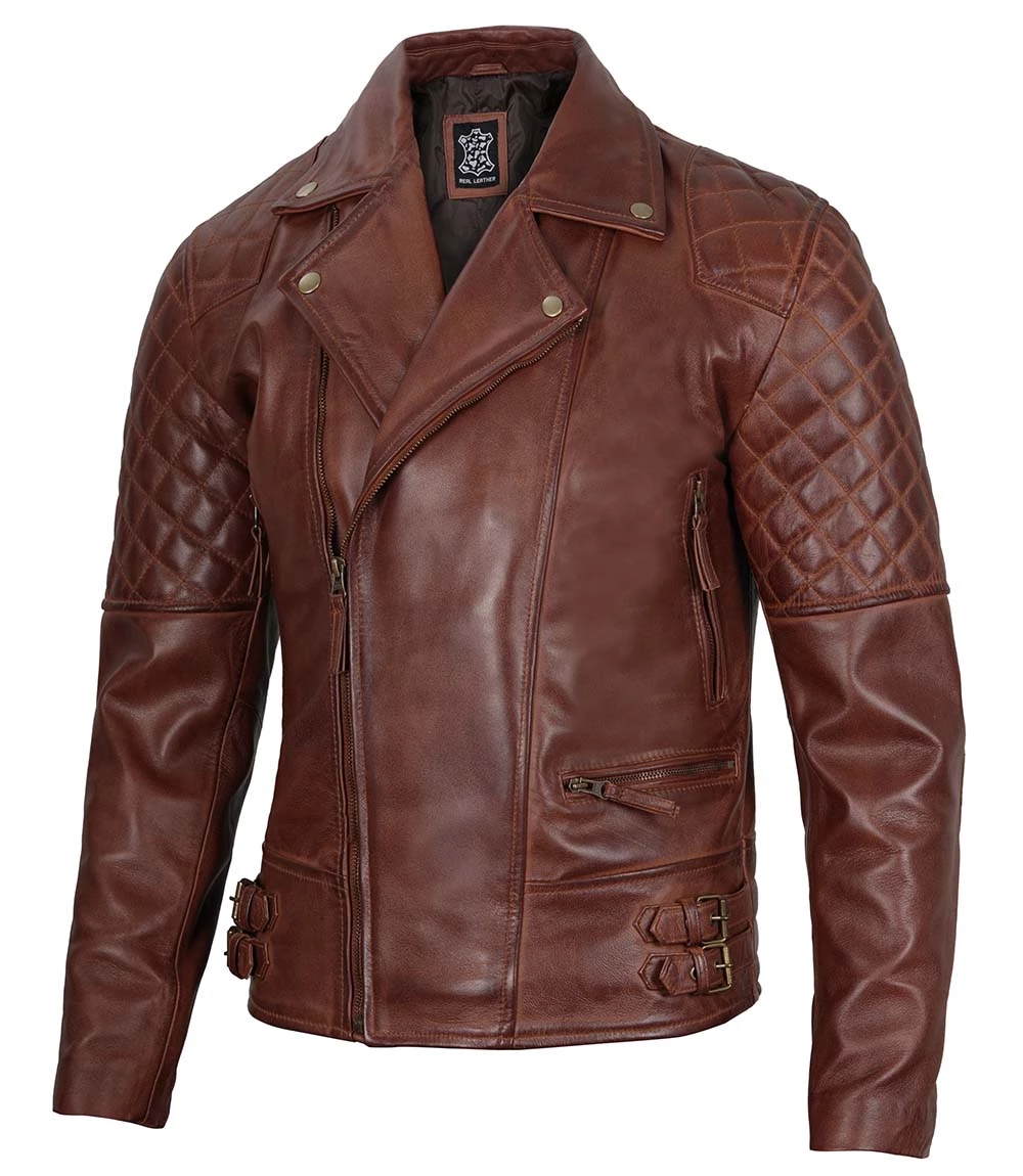 Men's Dark Brown Quilted Asymmetrical Leather Biker Jacket