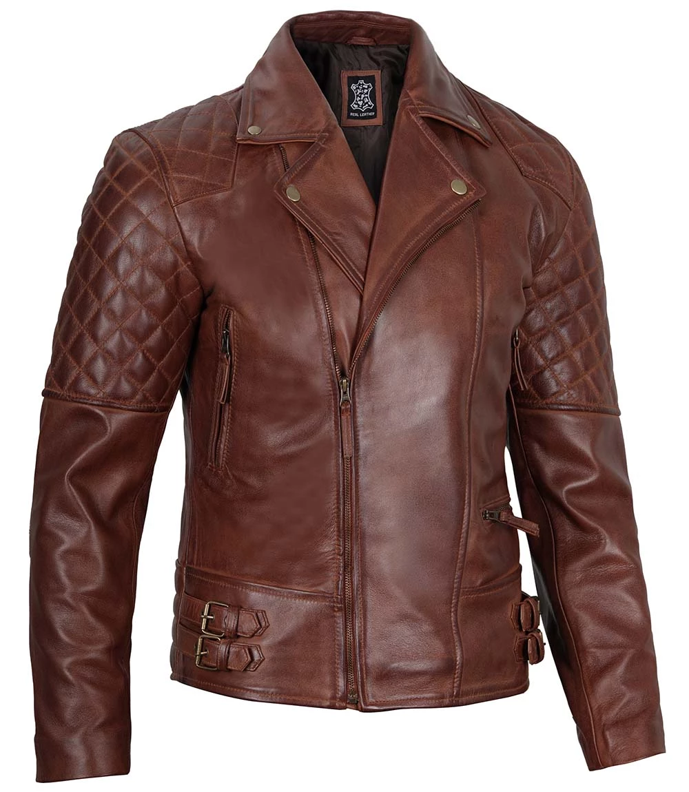 Men's Dark Brown Quilted Asymmetrical Leather Biker Jacket