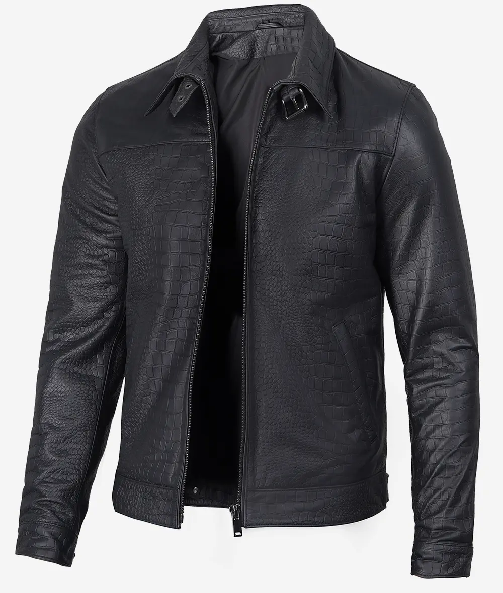 Men's Premium Black Crocodile Textured Leather Jacket