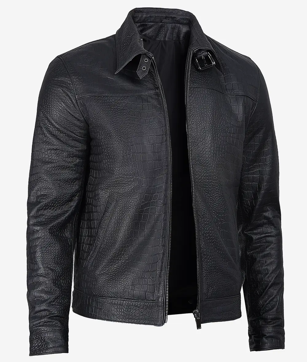 Men's Premium Black Crocodile Textured Leather Jacket