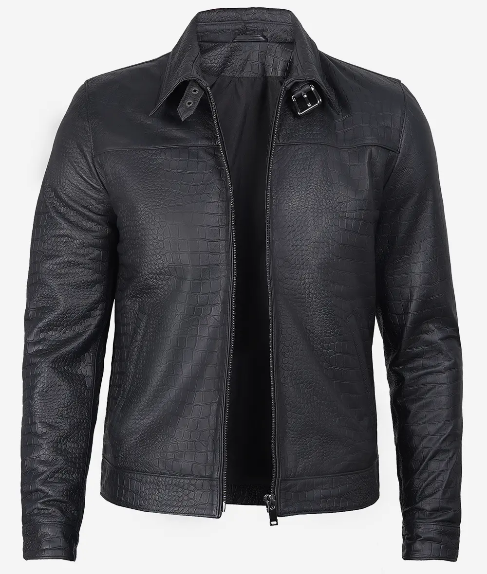 Men's Premium Black Crocodile Textured Leather Jacket