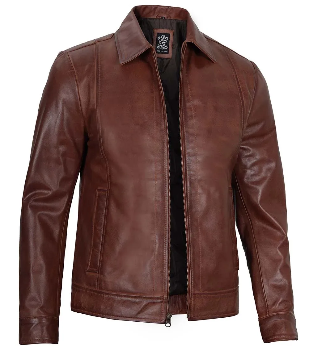 Men's Tall Harrington Brown Leather Jacket