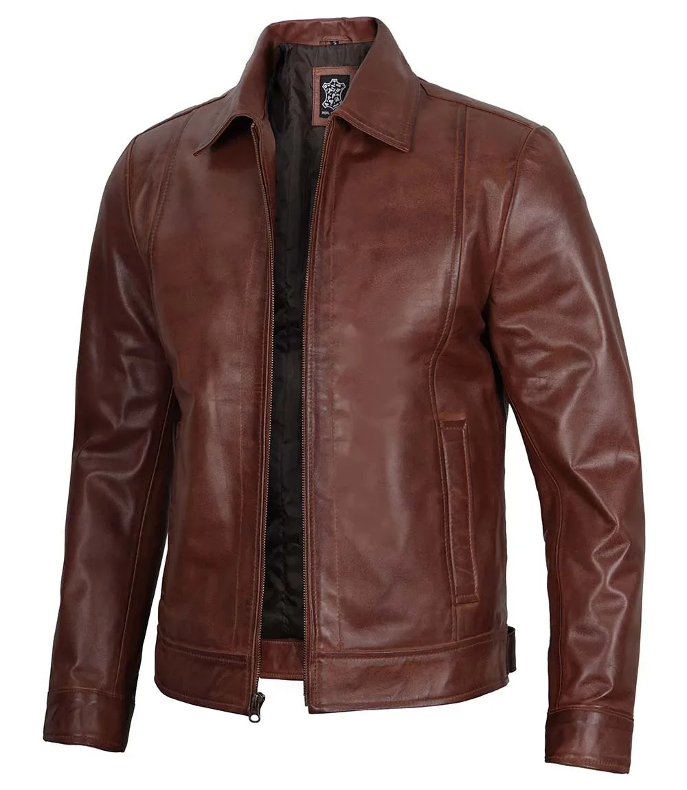 Men's Tall Harrington Brown Leather Jacket