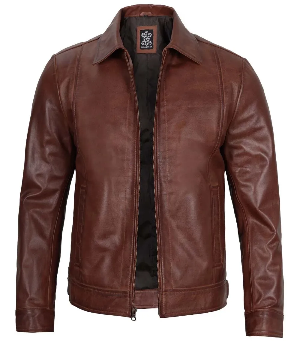 Men's Tall Harrington Brown Leather Jacket