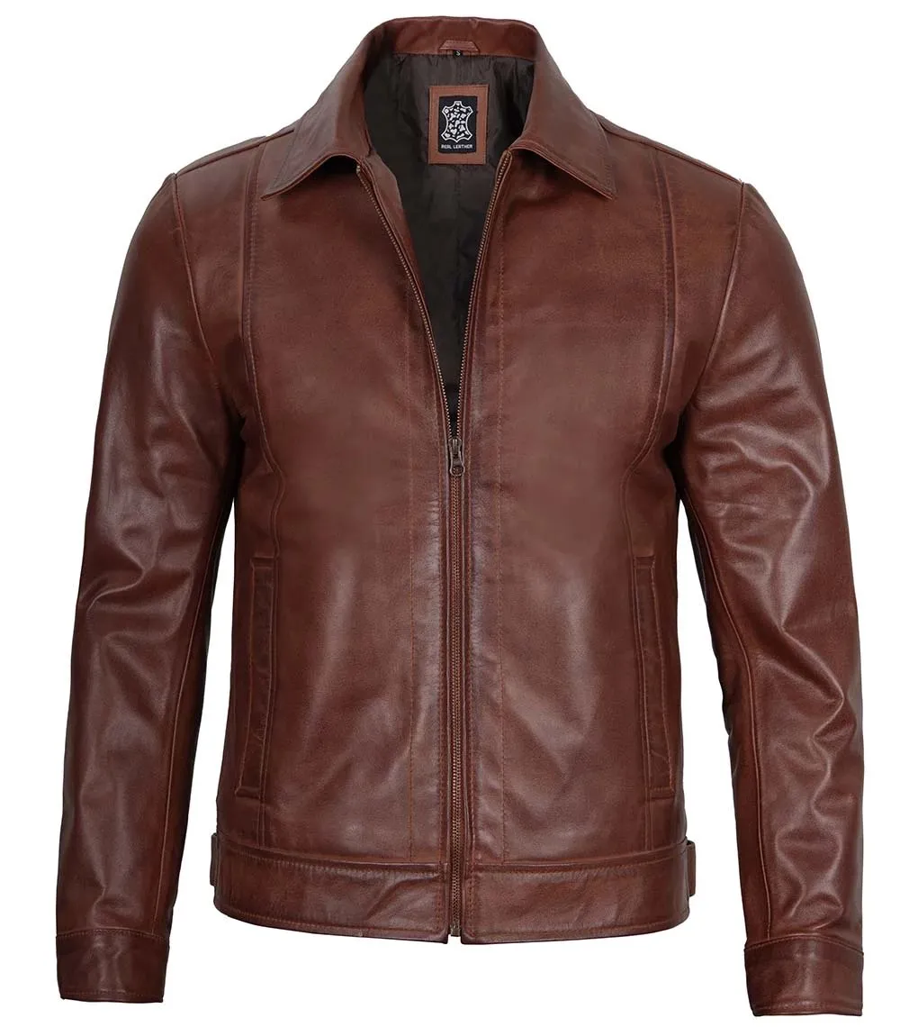 Men's Tall Harrington Brown Leather Jacket