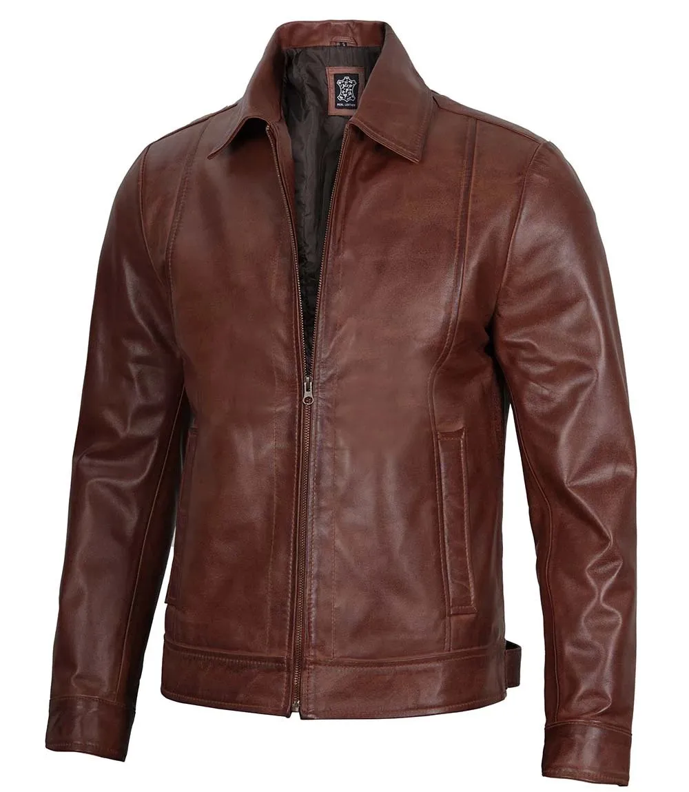 Men's Tall Harrington Brown Leather Jacket