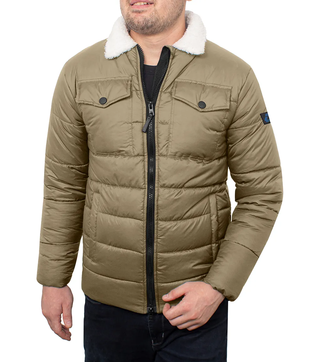 Men's Trucker Style Beige Puffer Jacket With Fur Collar