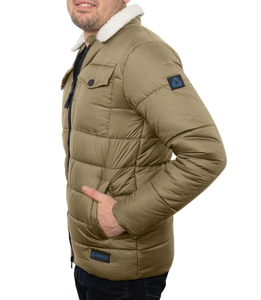 Men's Trucker Style Beige Puffer Jacket With Fur Collar