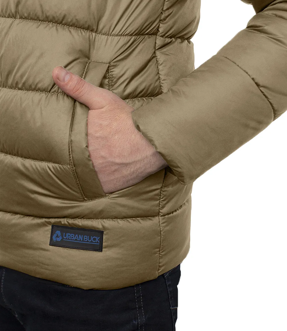 Men's Trucker Style Beige Puffer Jacket With Fur Collar