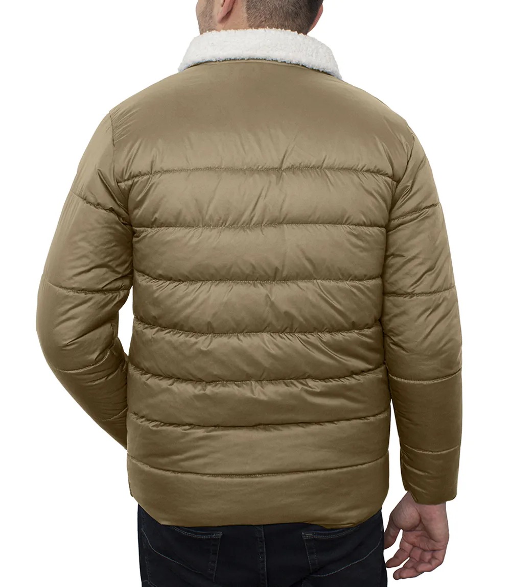 Men's Trucker Style Beige Puffer Jacket With Fur Collar