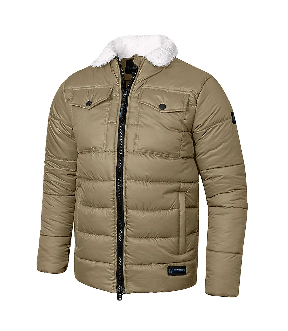 Men's Trucker Style Beige Puffer Jacket With Fur Collar