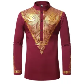 Men's African Print Pattern Hip Hop Streetwear Wine Red Long Sleeve Shirt