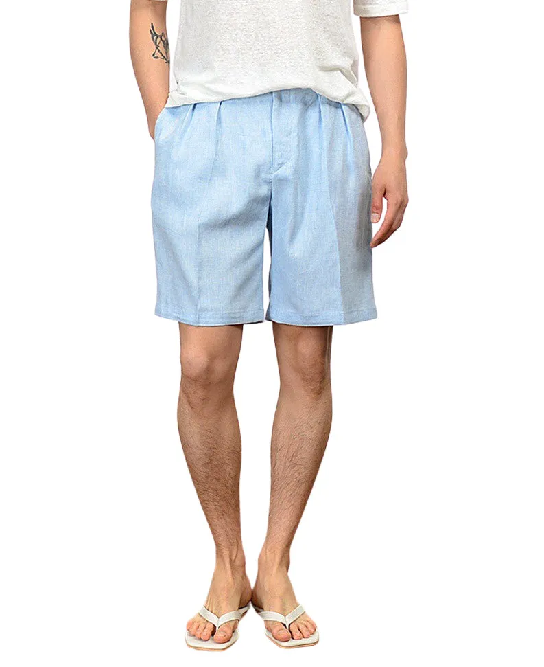 Men's Summer Linen Shorts - Blue Herringbone Korean Suits