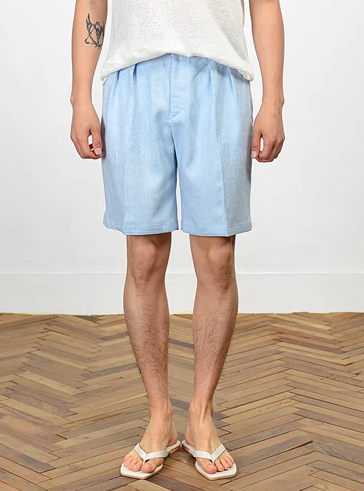 Men's Summer Linen Shorts - Blue Herringbone Korean Suits