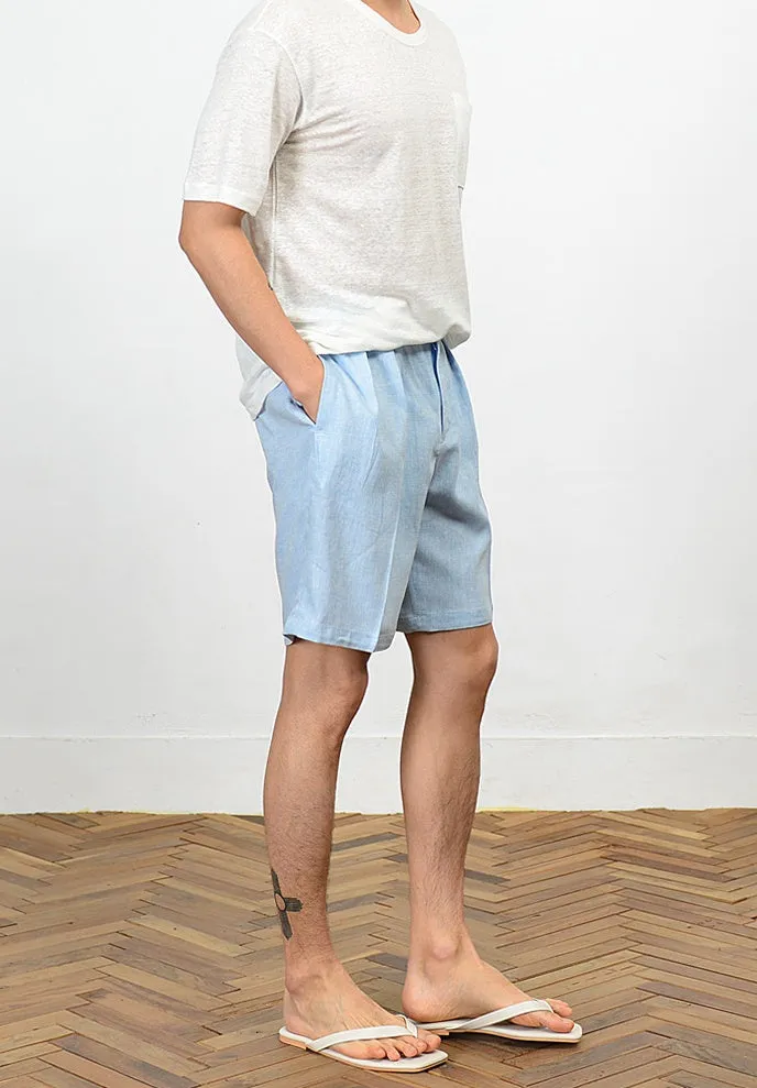 Men's Summer Linen Shorts - Blue Herringbone Korean Suits